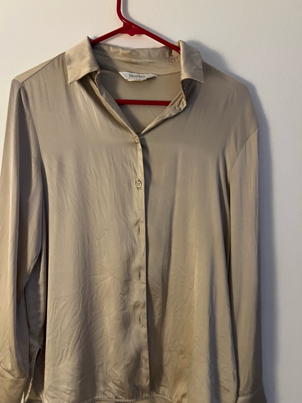 MaxMara Taupe-Beige Silk Button-Down Shirt, long sleeves.